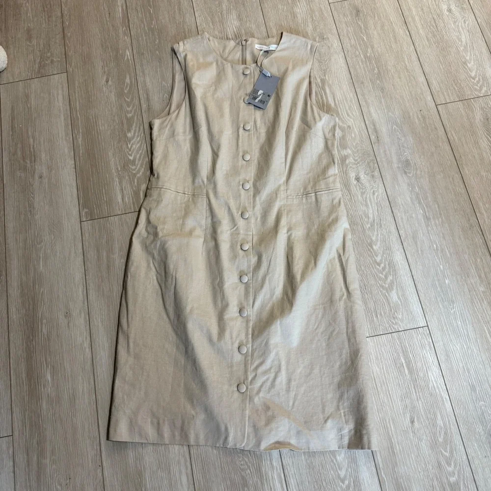 New Preston & York Linen Shift Dress Seas The Day Button Front Sleeveless tan 10 - Picture 3 of 5